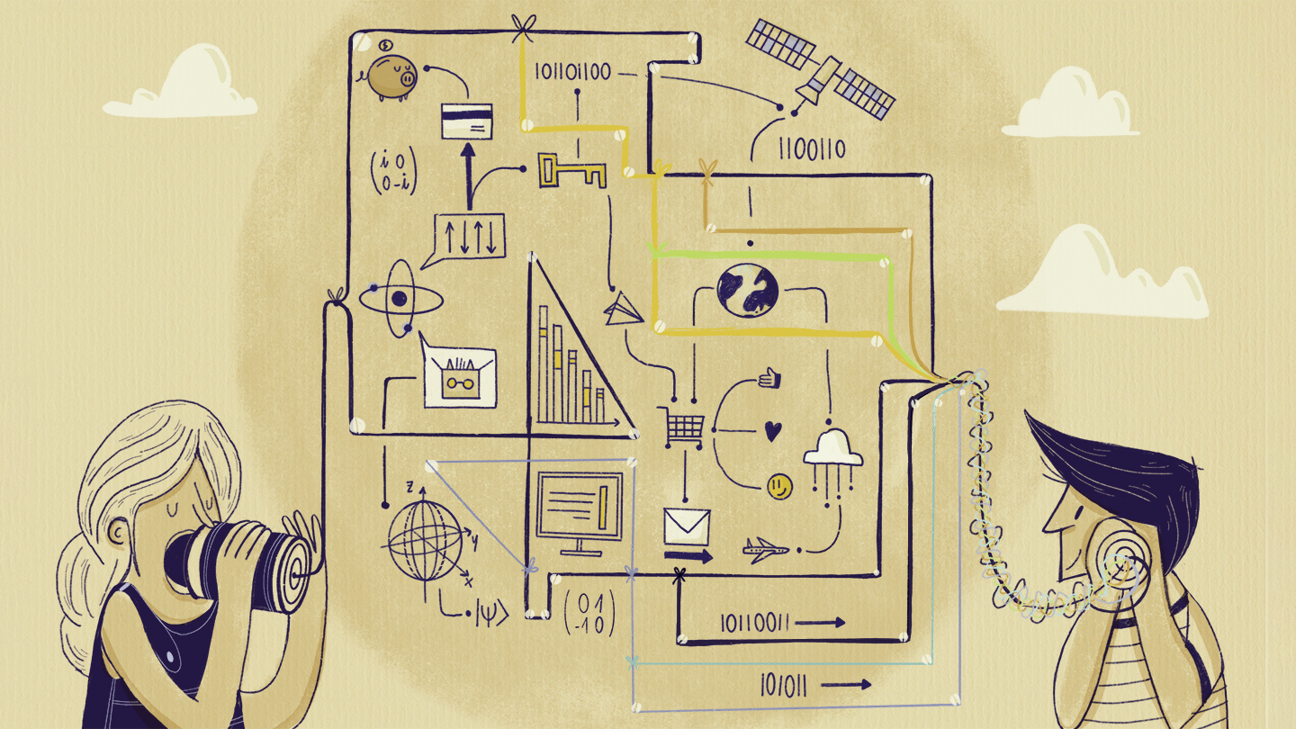 Künstlerische Darstellung eines Kommunikationskanals zwischen zwei Kommunikationspartnern, die Regionen mit Rauschen durchqueren. Die Rauschresistenz des Kanals wird durch die Verteilung der Information über mehrere Pfade in Quantenüberlagerung erhöht Künstlerische Darstellung eines Kommunikationskanals zwischen zwei Kommunikationspartnern, die Regionen mit Rauschen durchqueren. Die Rauschresistenz des Kanals wird durch die Verteilung der Information über mehrere Pfade in Quantenüberlagerung erhöht.